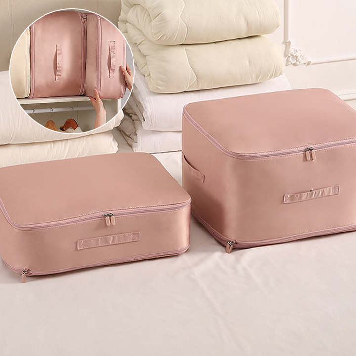 Space-saving compression bag for duvets, shown in a closet for seasonal bedding storage