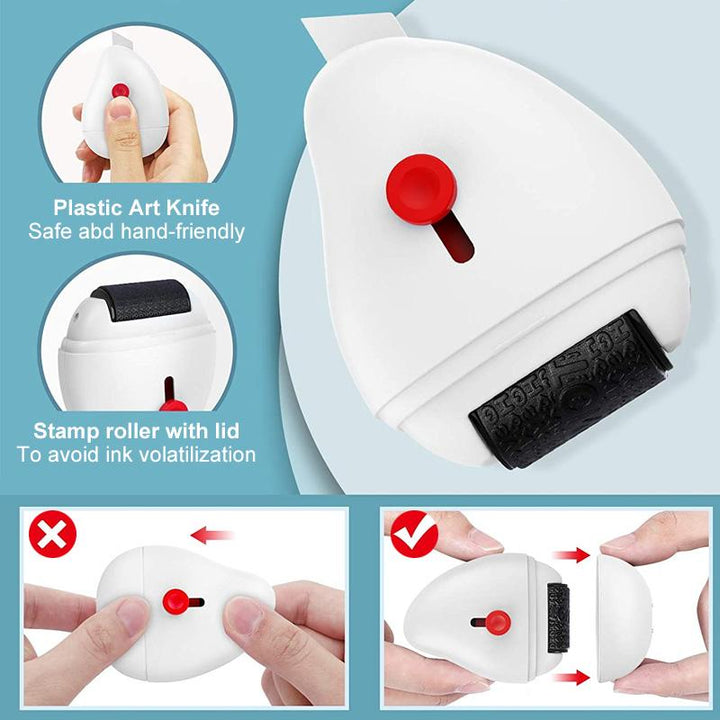 Security roller stamp, compact desk accessory, effectively covers sensitive text for document protection