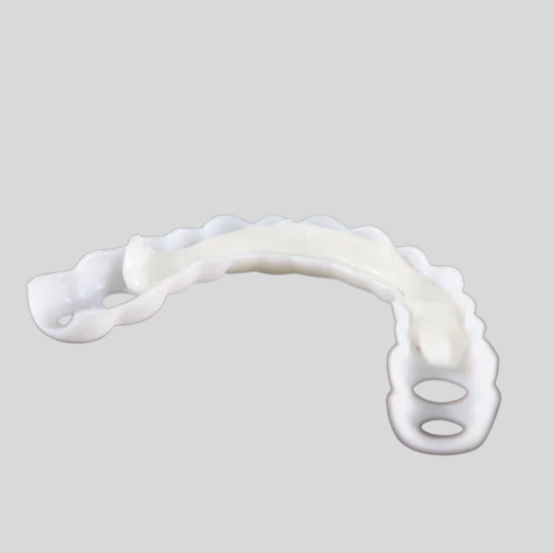 Photo-ready temporary snap-on veneers made from flexible polymer for a perfect smile. Reusable teeth cover.