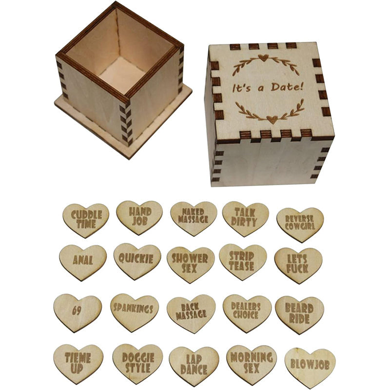 Couples' customizable date night activity tokens in a wooden box, a romantic and fun gift idea