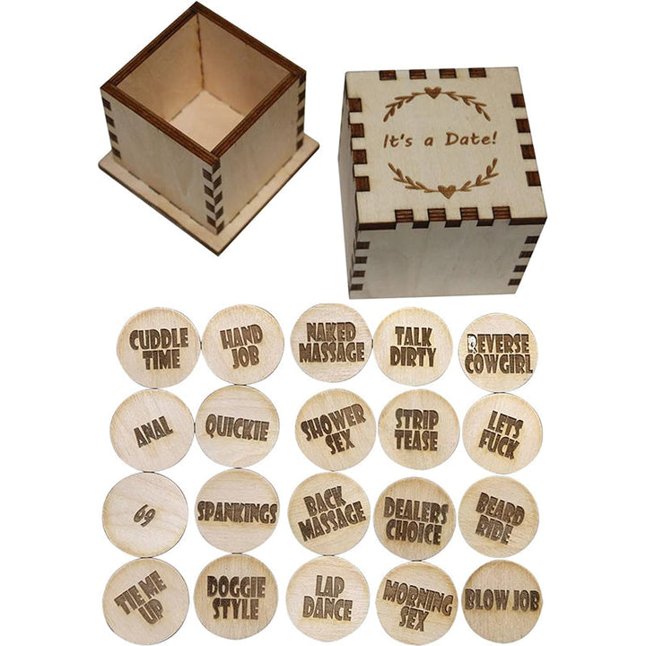 Detail of the 'Date Night' text on the wooden gift box for couples' activity tokens