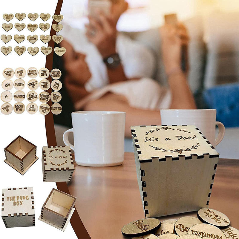Wooden 'Date Night' activity tokens in a decorative box, perfect for couples' fun