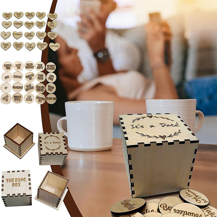 Wooden 'Date Night' activity tokens in a decorative box, perfect for couples' fun