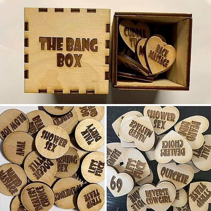 Close-up of engraved wooden tokens for a romantic couples' date night activity set