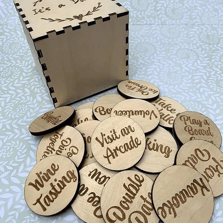 Wooden box filled with date night activity tokens, a unique and fun gift for couples