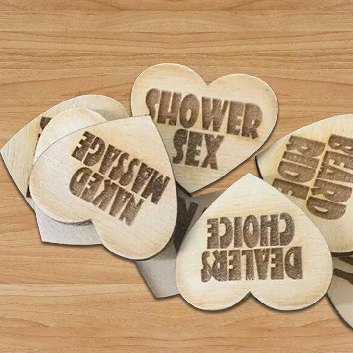 Couples' fun date night activity set with engraved wooden tokens, perfect for special occasions
