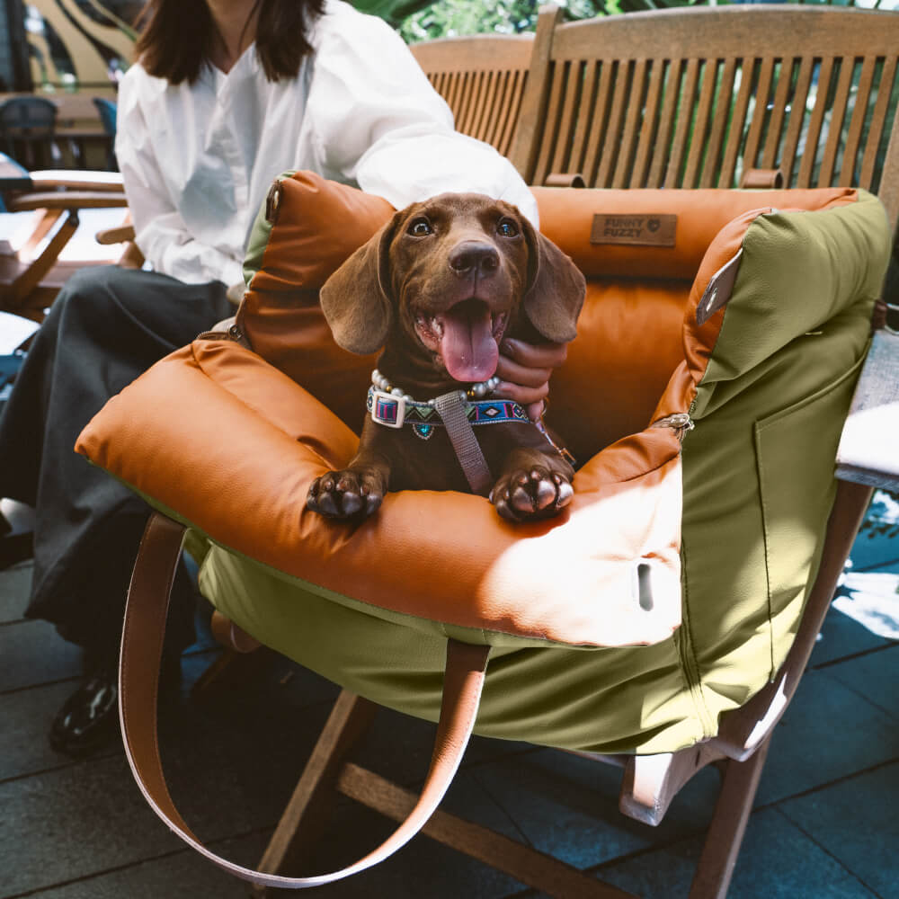 PawLuxury dog car seat: secure, cozy, faux leather booster for safe pet travel and comfort.