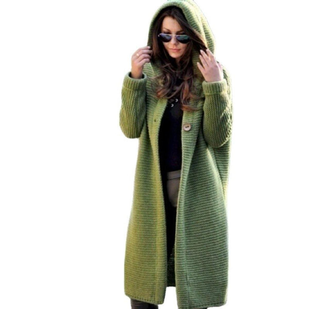 Cozy knit hooded maxi cardigan for women in a neutral beige, perfect for fall fashion