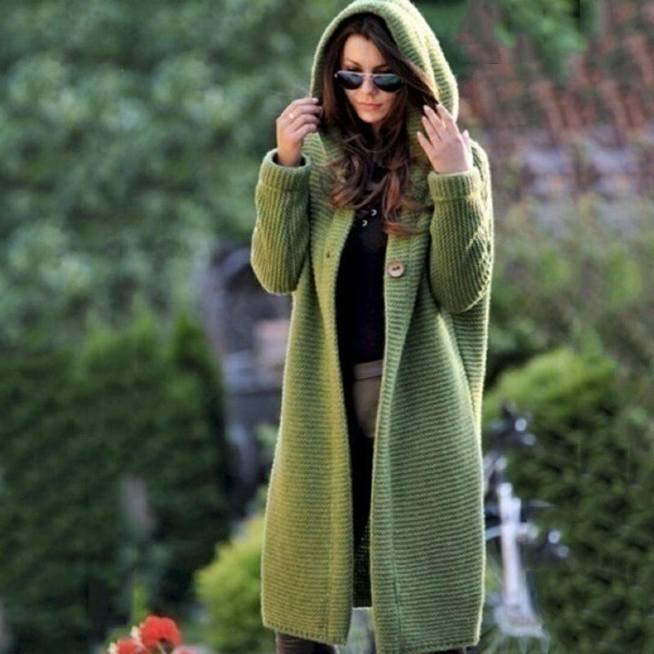 Dark blue women's cozy knit hooded maxi cardigan, ideal for comfortable fall layering