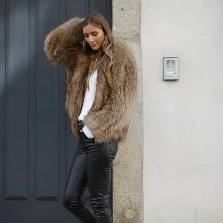 Comfortable brown plush short jacket for women, a cozy and stylish open-front outerwear for winter fashion.
