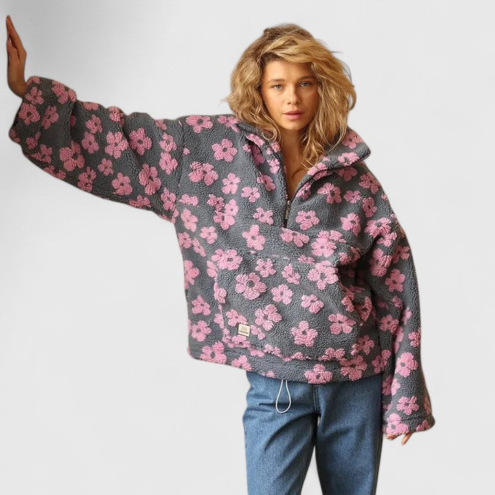 Women's casual floral quarter-zip pullover sweater. Relaxed, cozy fit perfect for autumn & winter comfort.