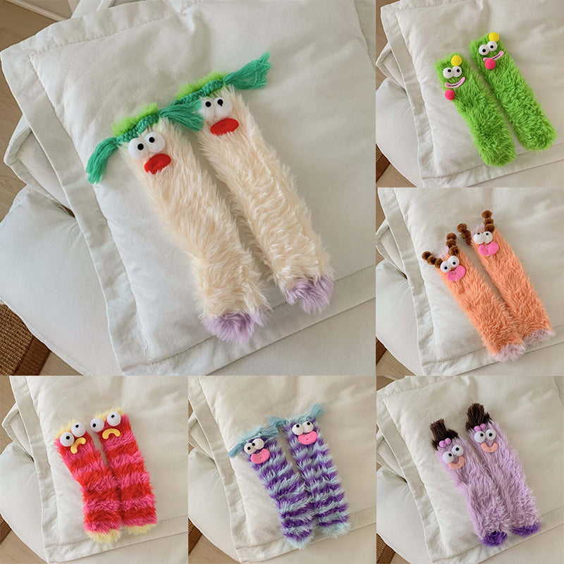 Cozy women's fluffy monster socks, colorful cartoon design for winter comfort, novelty gift.