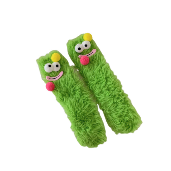 Unique women's cartoon monster socks, soft fluffy fabric, perfect for lounging and warmth.