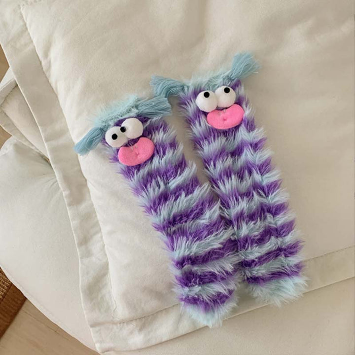 Fashionable women's fluffy monster socks, eye-catching cartoon design, winter accessory.