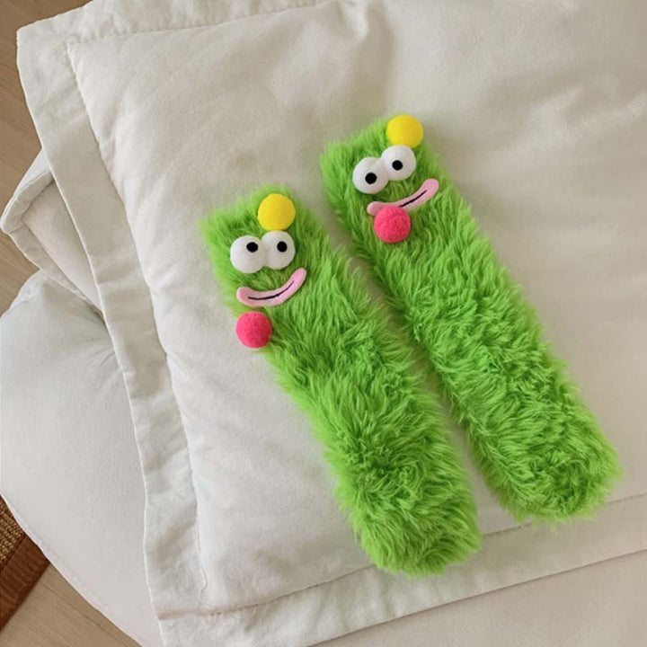 Practical women's warm fluffy monster socks, colorful cartoon, cozy home wear.