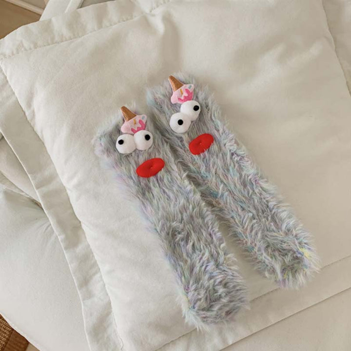 High-quality women's fluffy monster socks, colorful cartoon, ultimate comfort for winter.