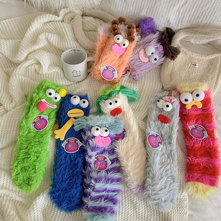 Fun women's monster socks, soft fluffy texture, cartoon eyes, ideal novelty gift socks.