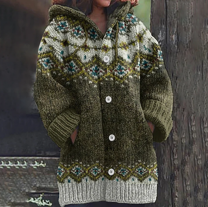 Fashionable orange women's winter cardigan. Soft, long sleeve cozy sweater for comfortable everyday layering.