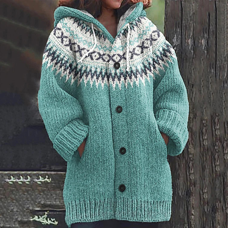 Comfortable green women's long sleeve cardigan. Soft, stylish layering piece for cozy winter fashion.