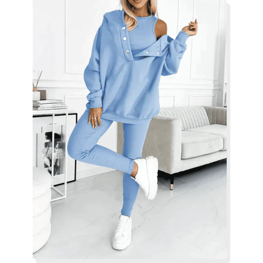 Stylish women's winter loungewear set featuring a top, pants, and cardigan for casual fashion