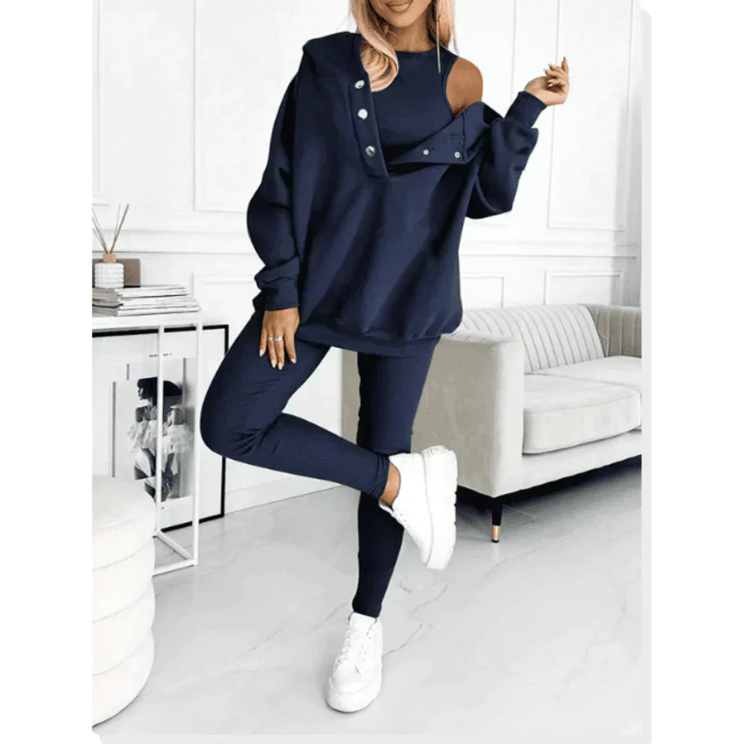 Fashionable women's warm lounge set with a long-sleeve top, jogger pants, and open front cardigan