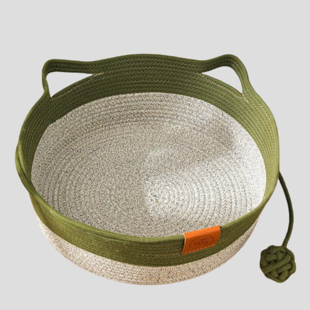 Khaki woven cotton rope cat bed for ultimate pet comfort. Stylish & durable cat lounge accessory for indoor cats.