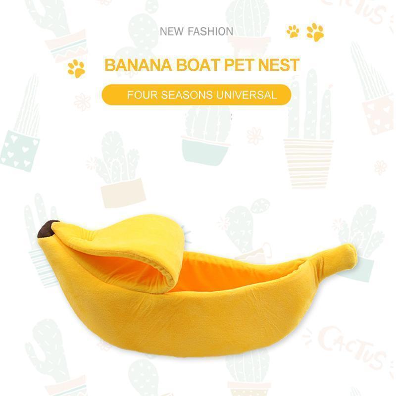 Plush banana dog bed, perfect for small breeds, offering warmth and comfort