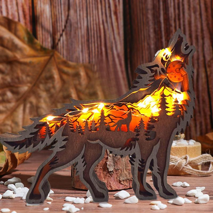 Creative carved wooden wolf animal ornament, rustic home decor for festive gift giving, lighted