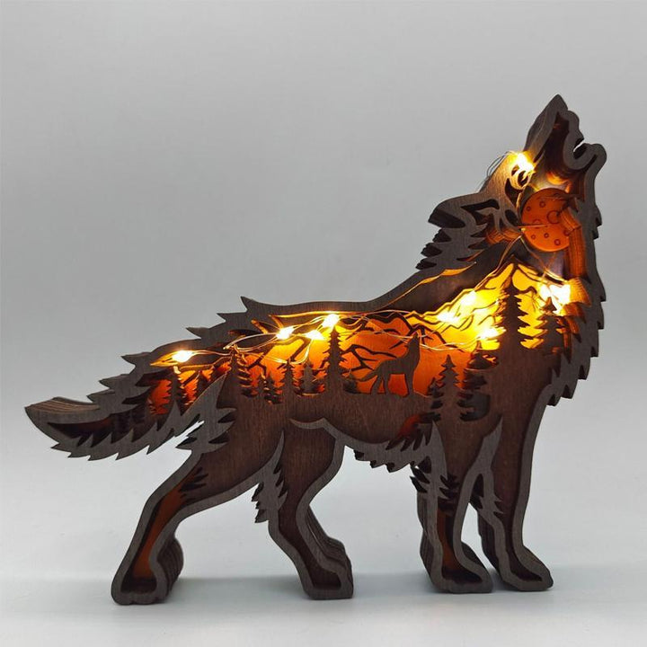 Wooden forest animal ornament, wolf design, rustic home decor with light for Christmas and gifts