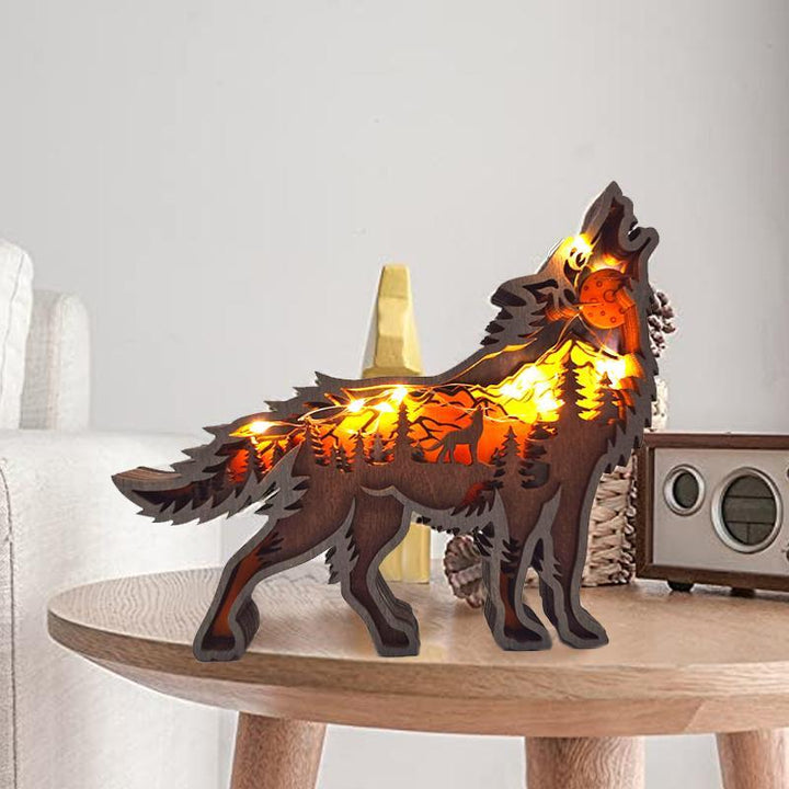 Hand-carved wooden wolf ornament, rustic lighted decor, perfect festive gift for animal lovers