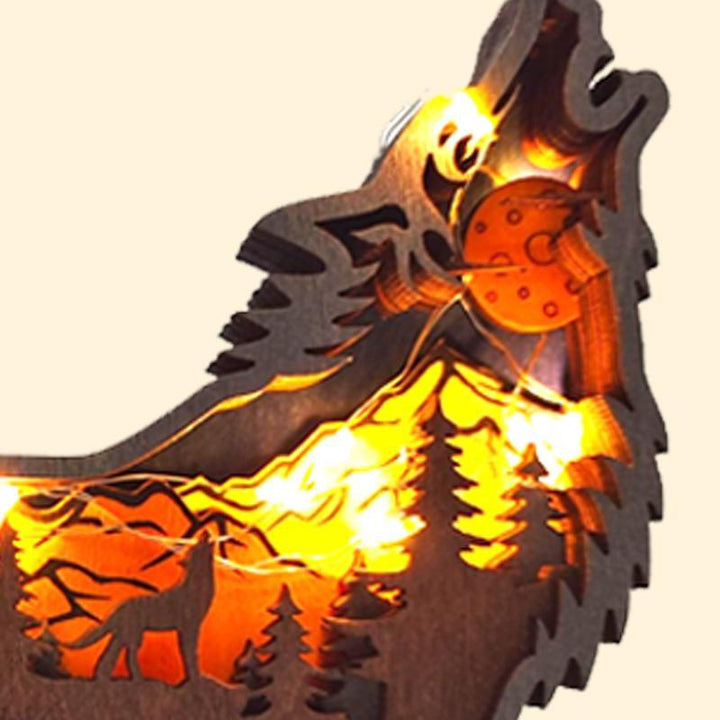 Rustic wooden wolf light-up ornament, creative animal decor for festive home, unique gift idea