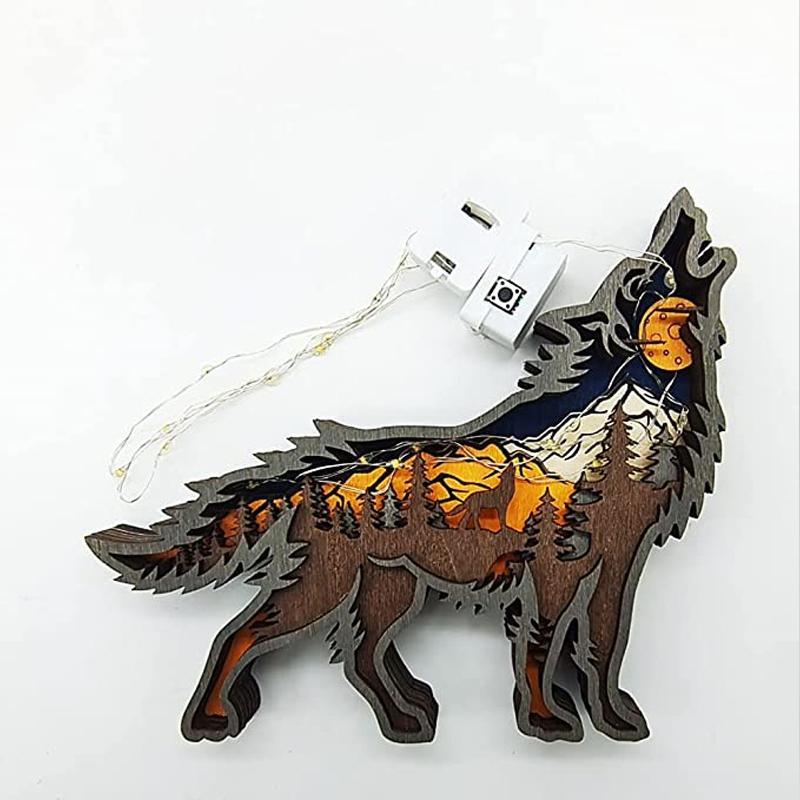 Creative wooden wolf animal ornament, lighted home decor, rustic and festive, great christmas gift
