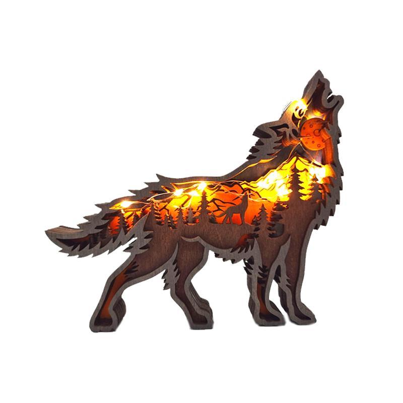 Carved wooden wolf ornament, rustic animal decor with light, unique festive home decor gift