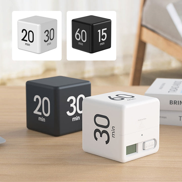 Digital cube timer with rotating preset times, a productivity tool for time management