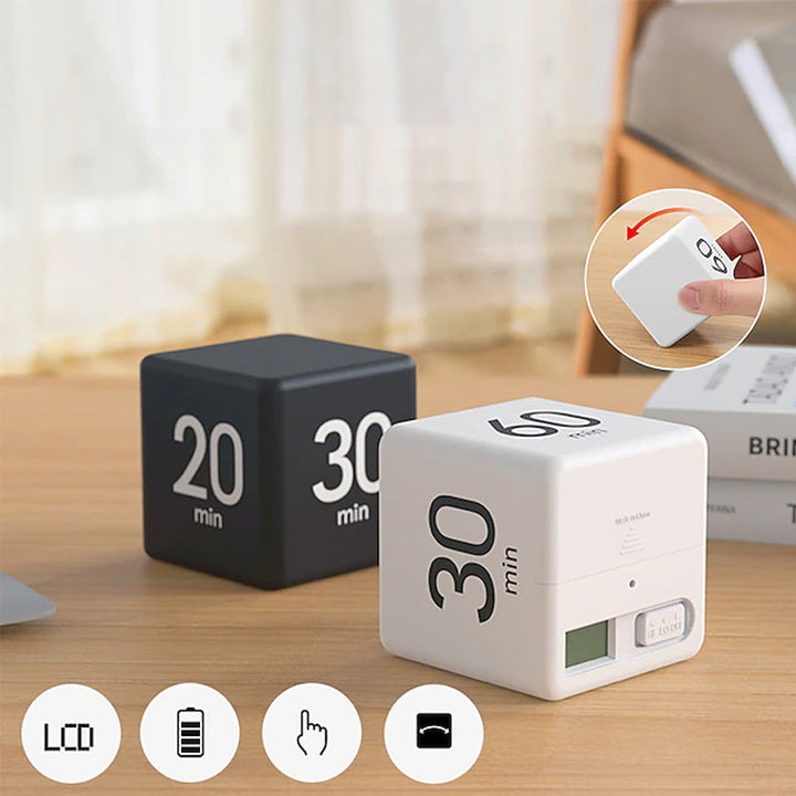 Close-up of cube timer showing clear digital numbers, ideal for kitchen or study