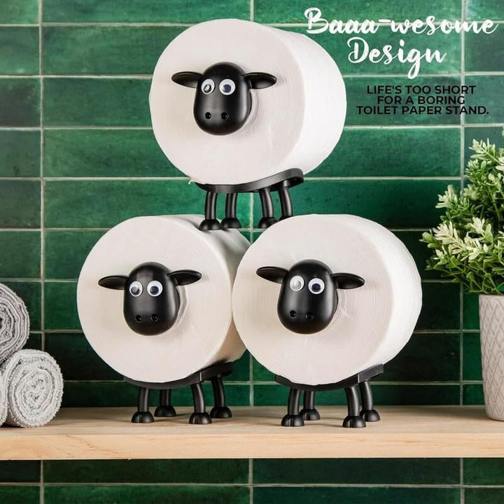 Side profile of a black sheep toilet paper holder, decorative organizer for rolls in a bathroom
