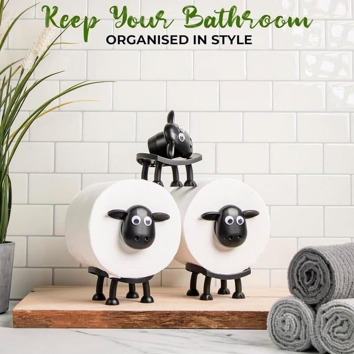 Close-up of the cute sheep's head on a toilet paper holder, detailed resin bathroom accessory