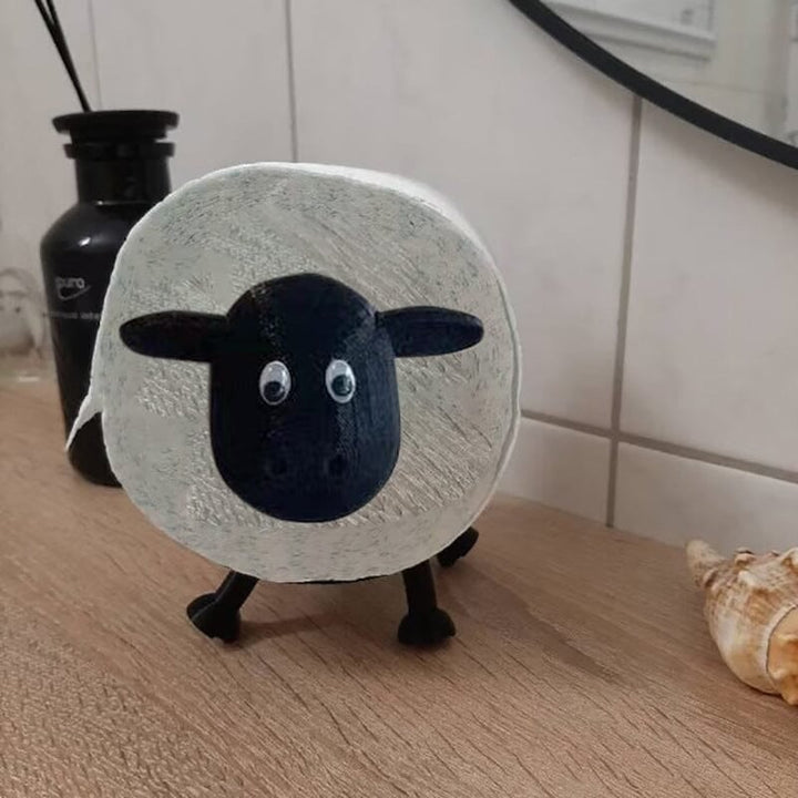 Bathroom interior with a cute sheep toilet paper holder, novelty storage solution & decor for rolls