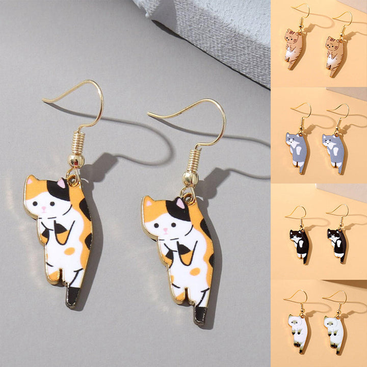 Cute feline dangle drop earrings for women, featuring a playful cat design. Perfect for cat lovers.