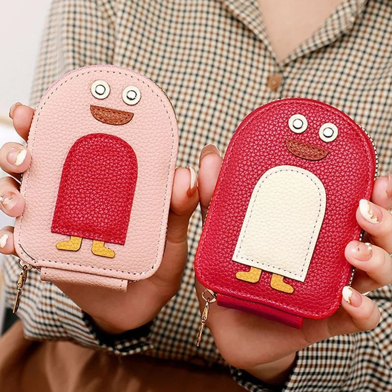 Textured PU leather women's wallet, featuring a cute penguin design, compact.