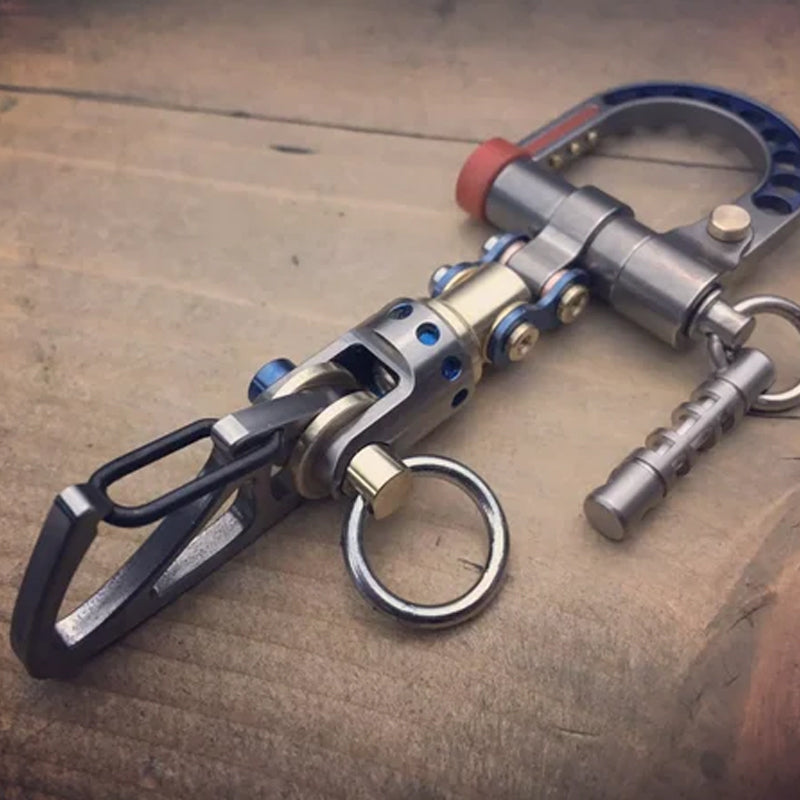 Customizable cyberpunk metal keychain, featuring various attachments for personalized style. Keywords: customizable, keychain