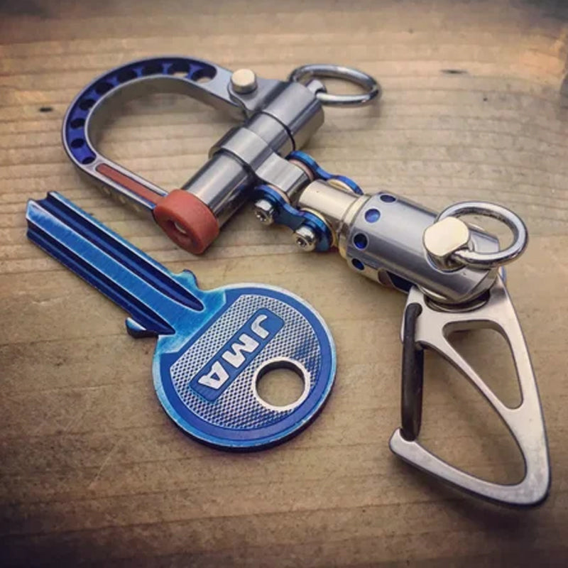 Gift-ready cyberpunk metal keychain with detachable elements, presented in stylish packaging. Keywords: gift, keychain, cyberpunk