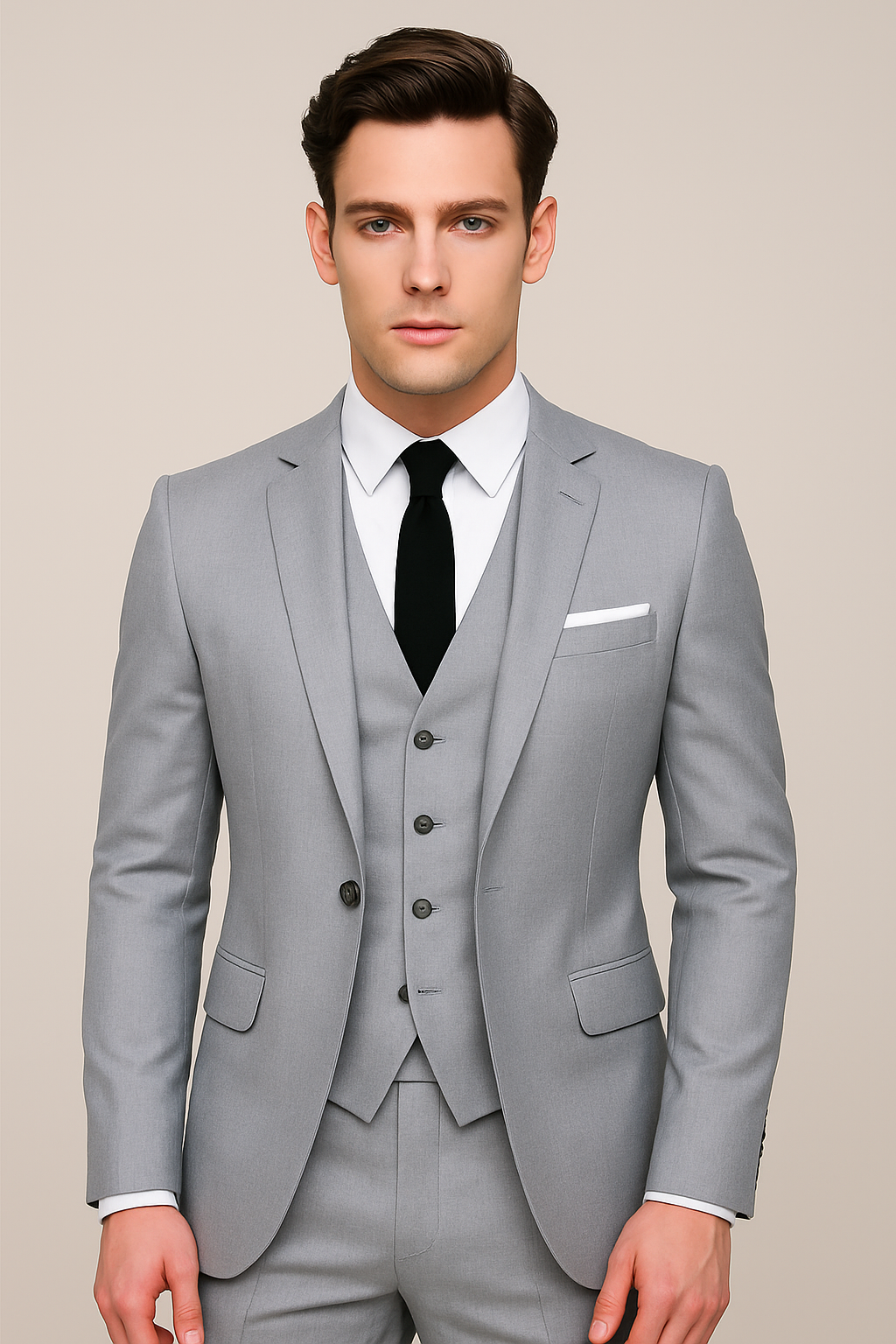 Black men's slim fit 3-piece suit, ideal wedding attire or sophisticated business formal wear.