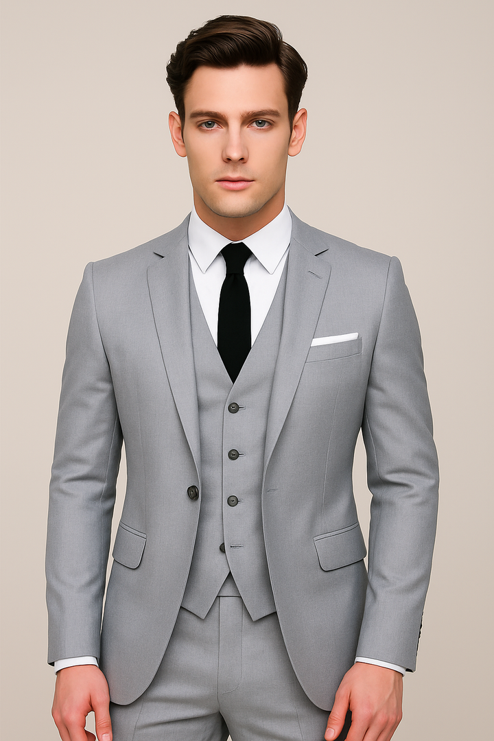 Black men's slim fit 3-piece suit, ideal wedding attire or sophisticated business formal wear.