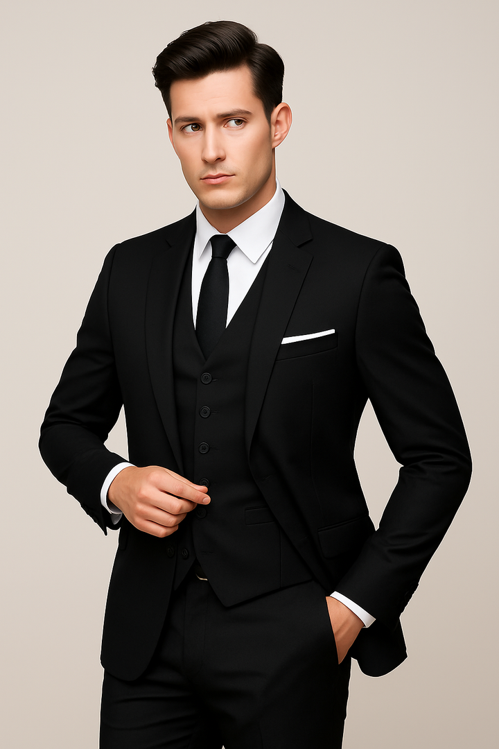 Stylish gray men's slim fit 3-piece suit, elegant formal fashion for special events.