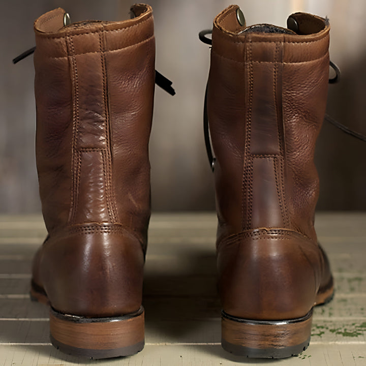 Comfortable dark brown men's high-top combat boots. Anti-slip, durable, rugged vintage style for everyday wear.