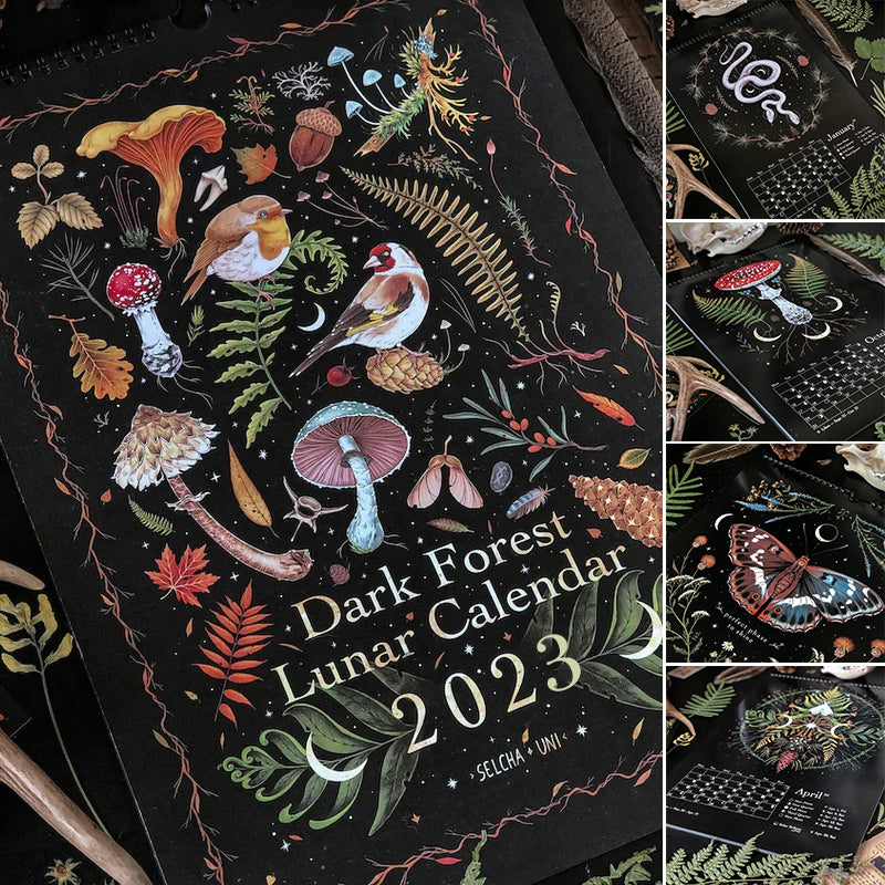 Close-up of the 'Dark Forest' title on the lunar calendar, with nature and celestial motifs