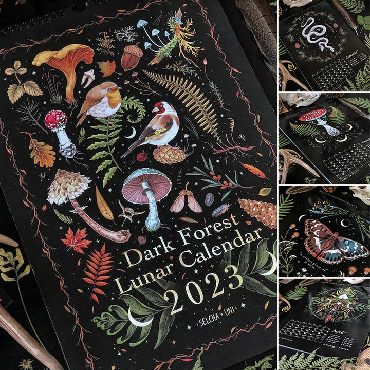 Close-up of the 'Dark Forest' title on the lunar calendar, with nature and celestial motifs