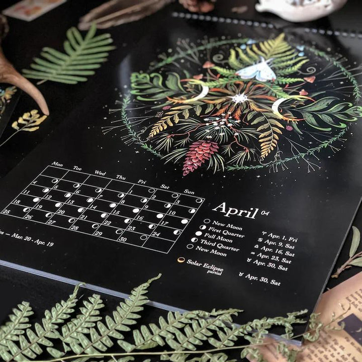 Detailed view of a Dark Forest Lunar Calendar page, highlighting a specific month's celestial guide