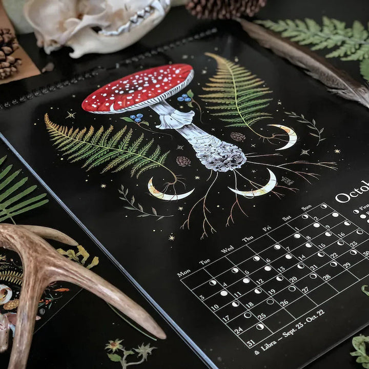 A person interacting with the Dark Forest Lunar Calendar, pointing to a moon phase illustration